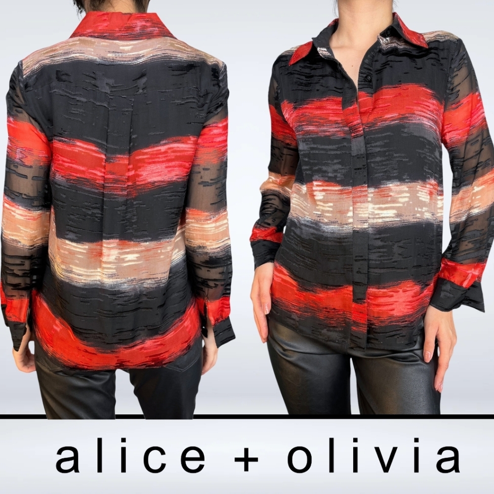 Alice + Olivia Red, Black & Beige Striped Sheer Button-Up Blouse